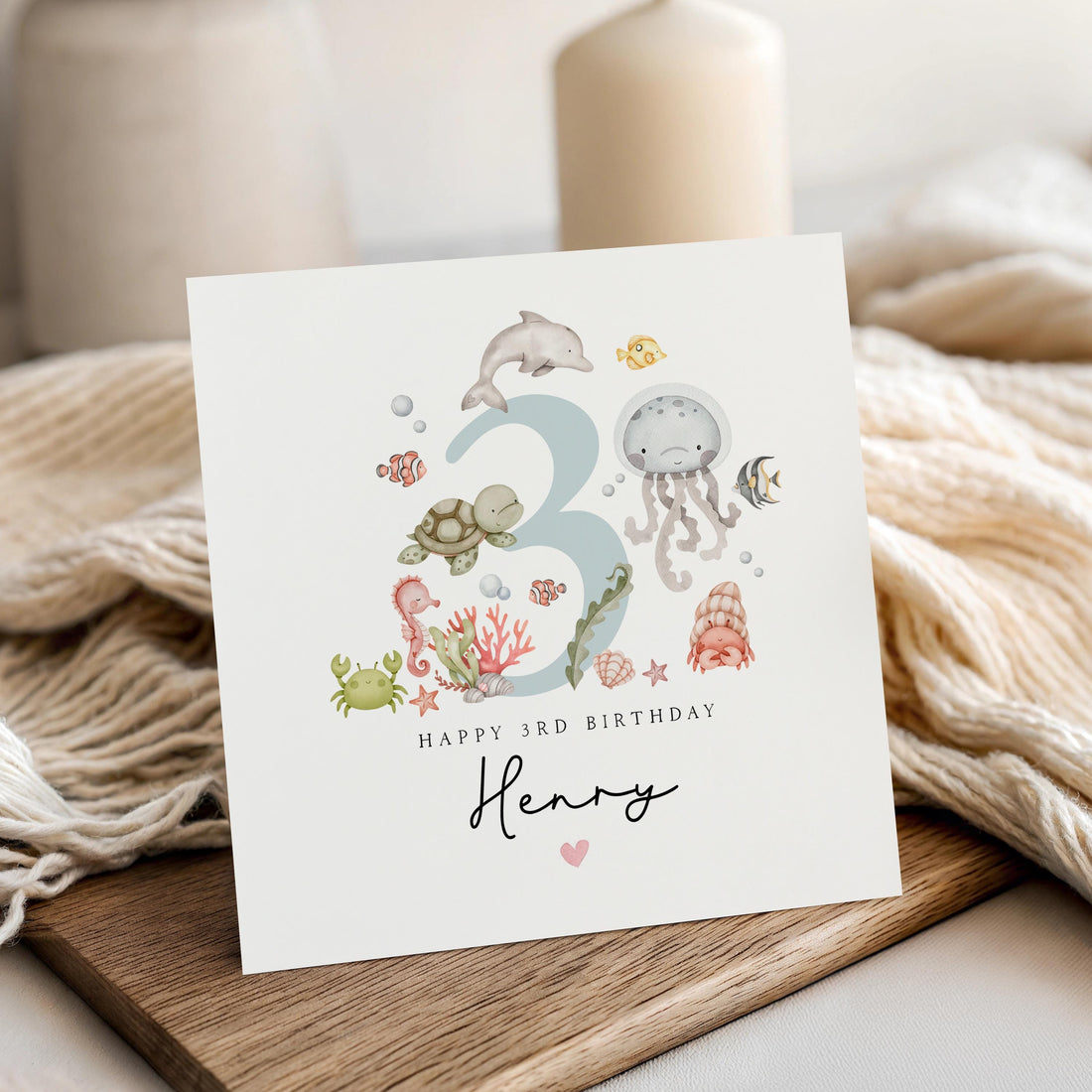 Personalised 3rd Birthday Card Cute Under the Sea Birthday Card, Third Birthday, Turtle Octopus Narwhal Crab Design