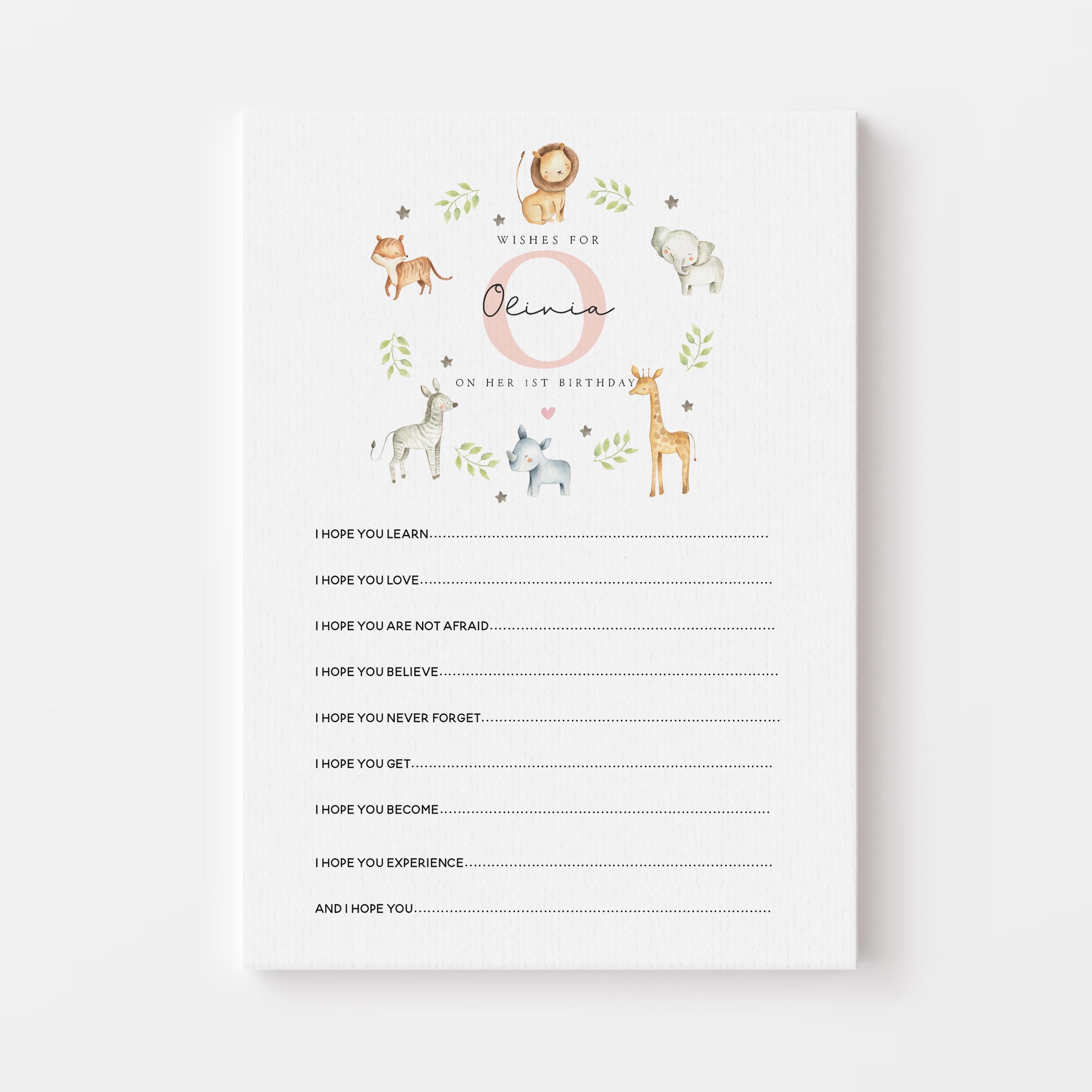 1st Birthday Wishes For baby Cards-Safari Animal Theme-Party Games-Keepsakes-Unisex