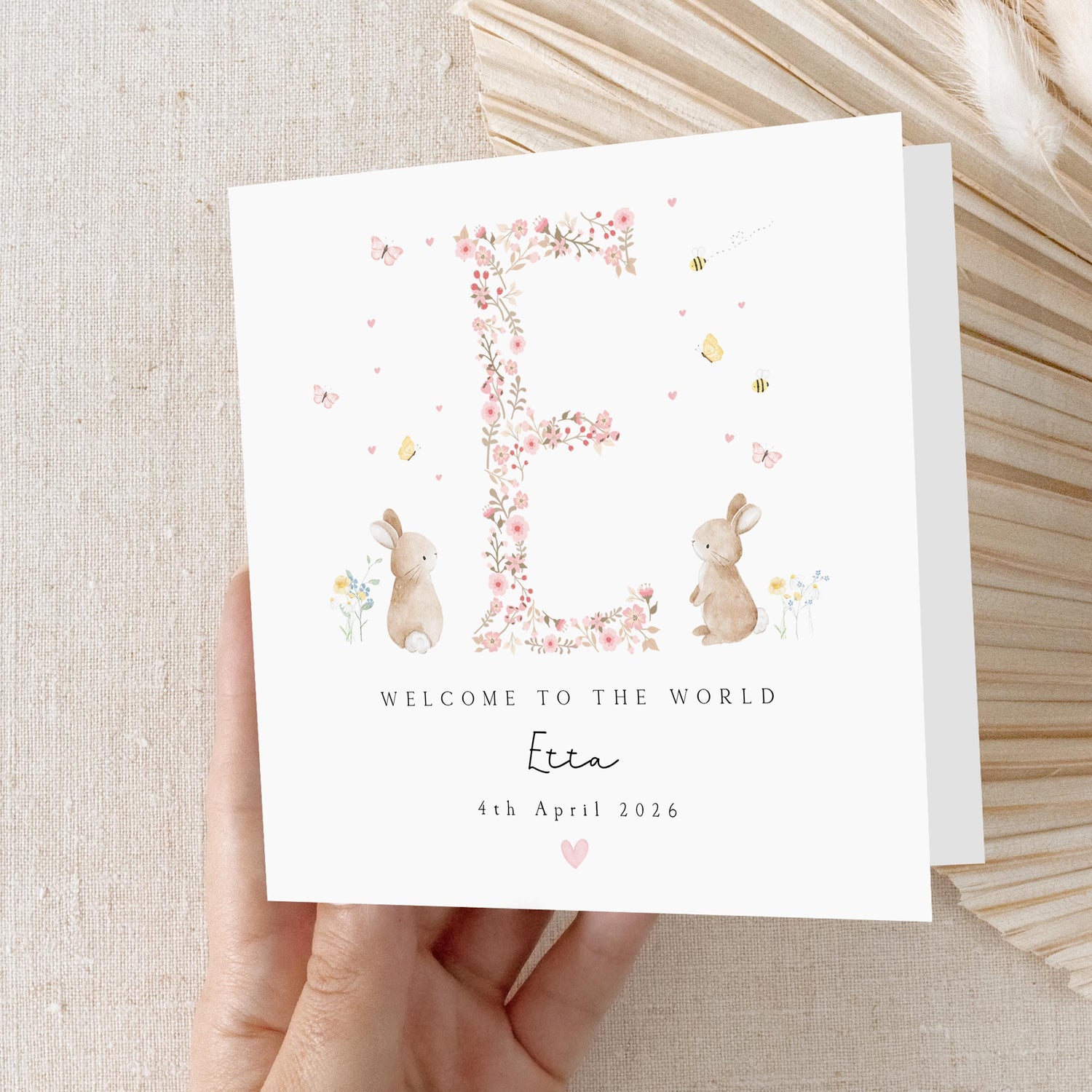 Personalised New Baby Card, Welcome To The World Card, Pink Ditsy Bunny Design, Newborn Baby Girl, Congratulations New Parents