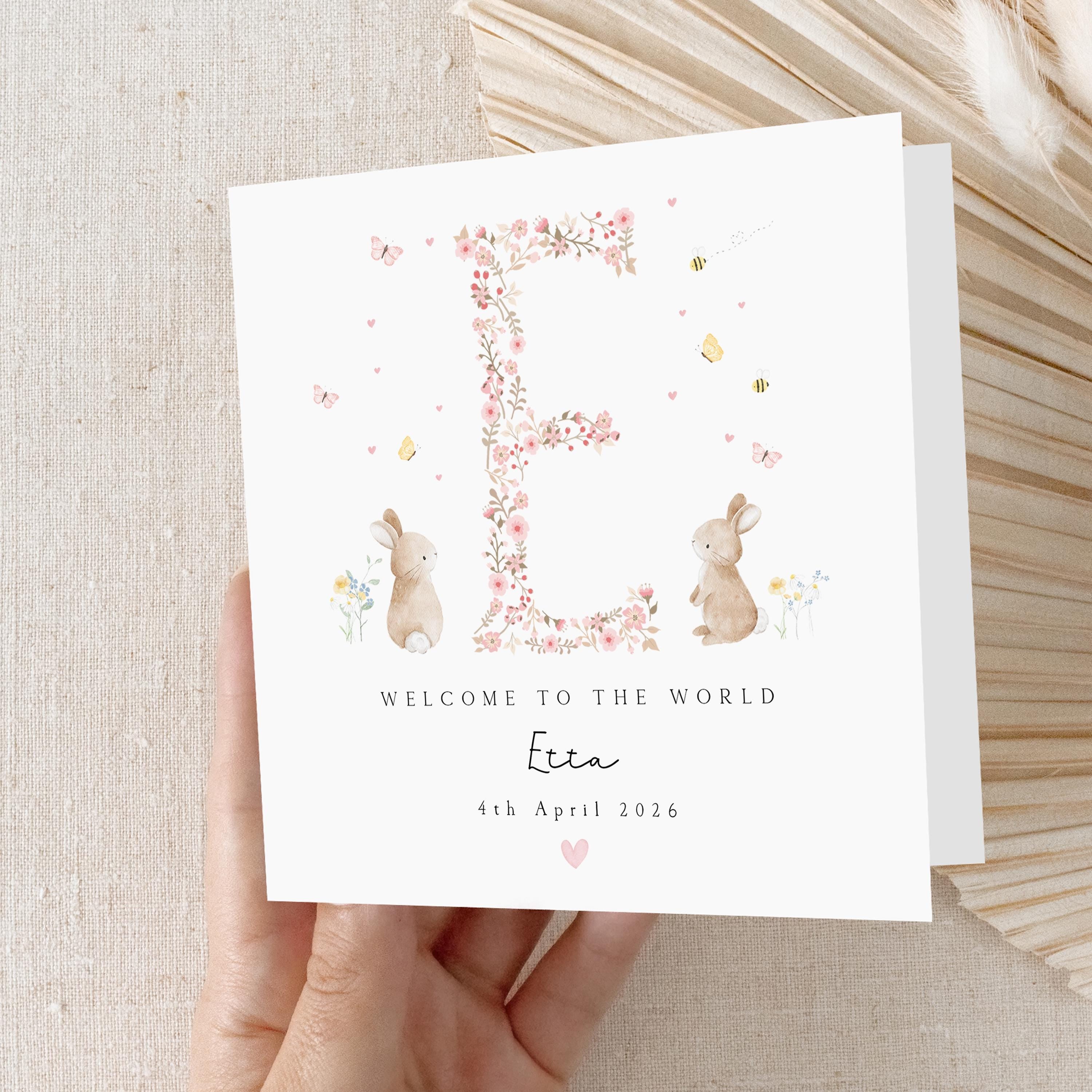 Personalised New Baby Card, Welcome To The World Card, Pink Ditsy Bunny Design, Newborn Baby Girl, Congratulations New Parents