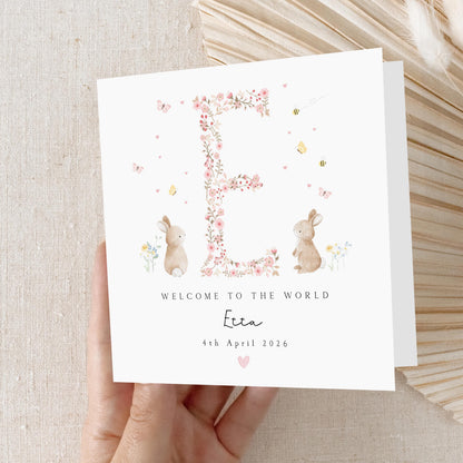 Personalised New Baby Card, Welcome To The World Card, Pink Ditsy Bunny Design, Newborn Baby Girl, Congratulations New Parents