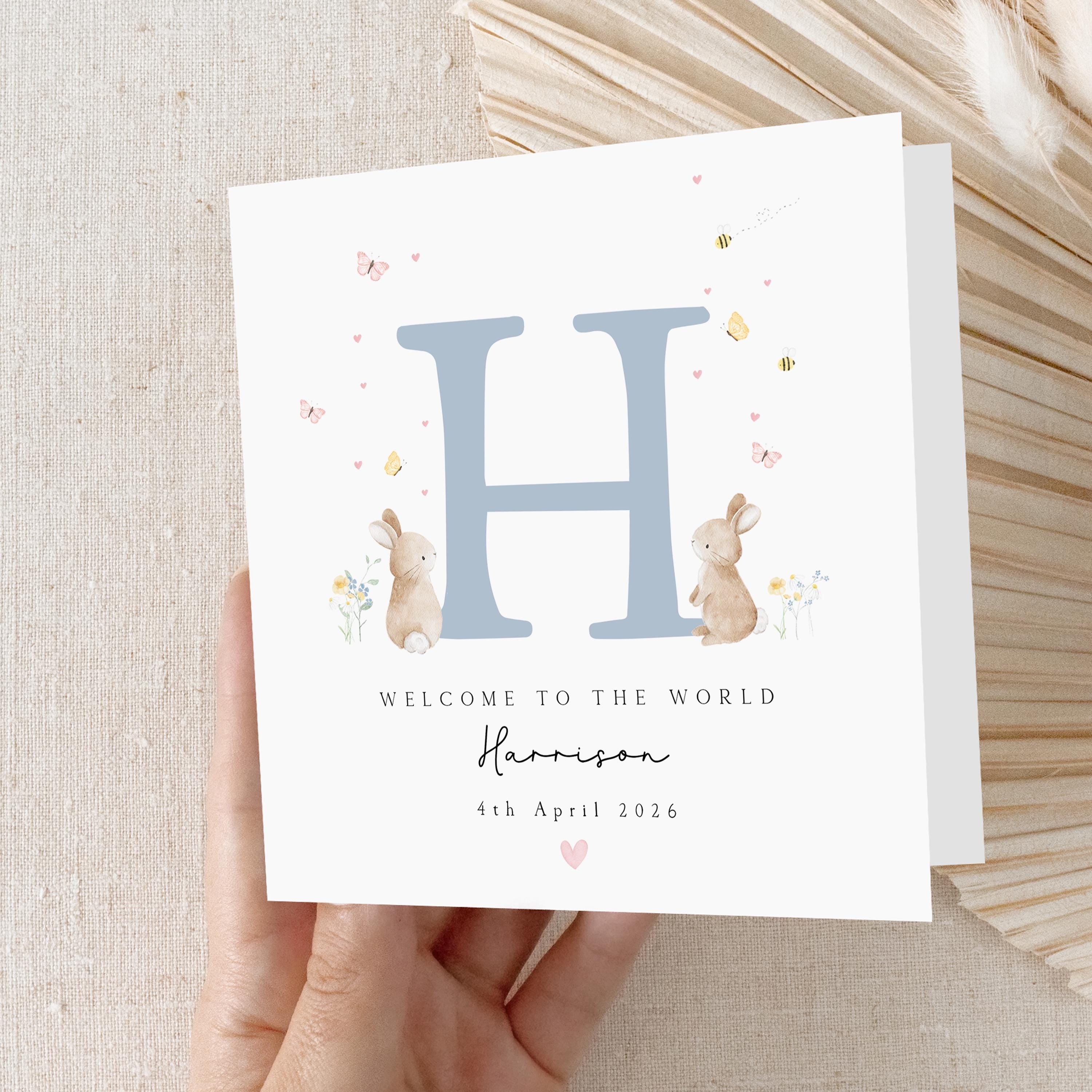 Personalised New Baby Card, Welcome To The World Card, Blue Bunny Design, Newborn Baby Boy, Congratulations New Parents, Kraft Envelope