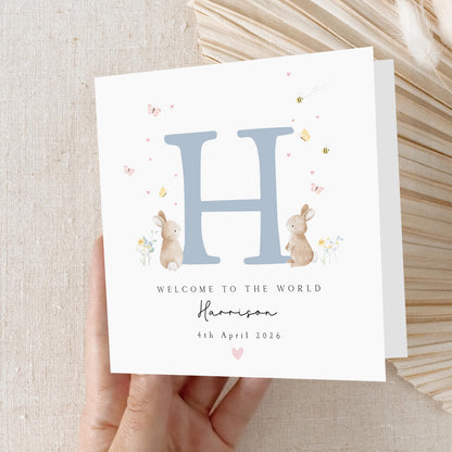 Personalised New Baby Card, Welcome To The World Card, Blue Bunny Design, Newborn Baby Boy, Congratulations New Parents, Kraft Envelope