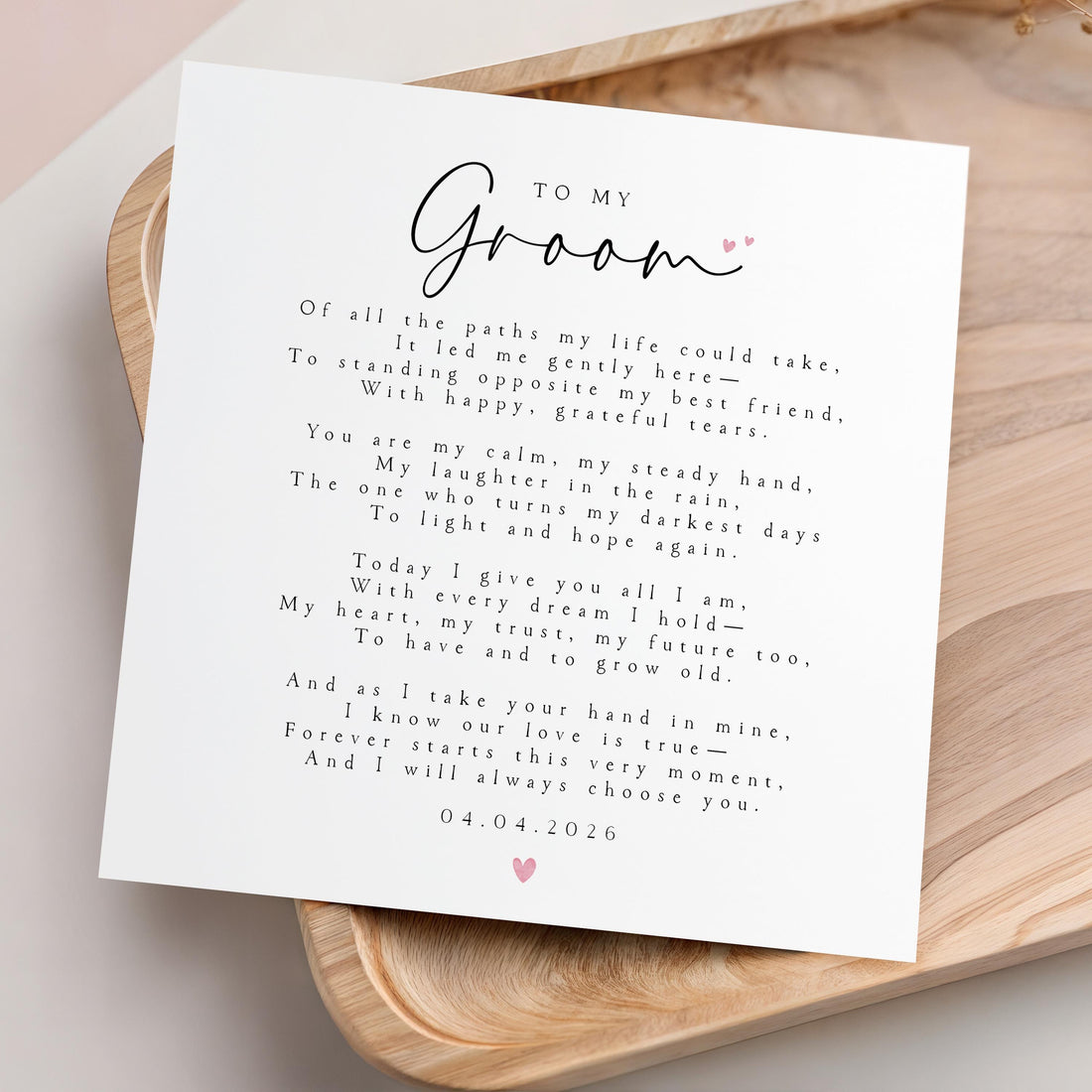 Groom Wedding Day Poem Card- Husband To Be- On Our wedding Day Card- Card For Groom- Wedding Day Gift-Personalised Wedding Date-Pink Heart