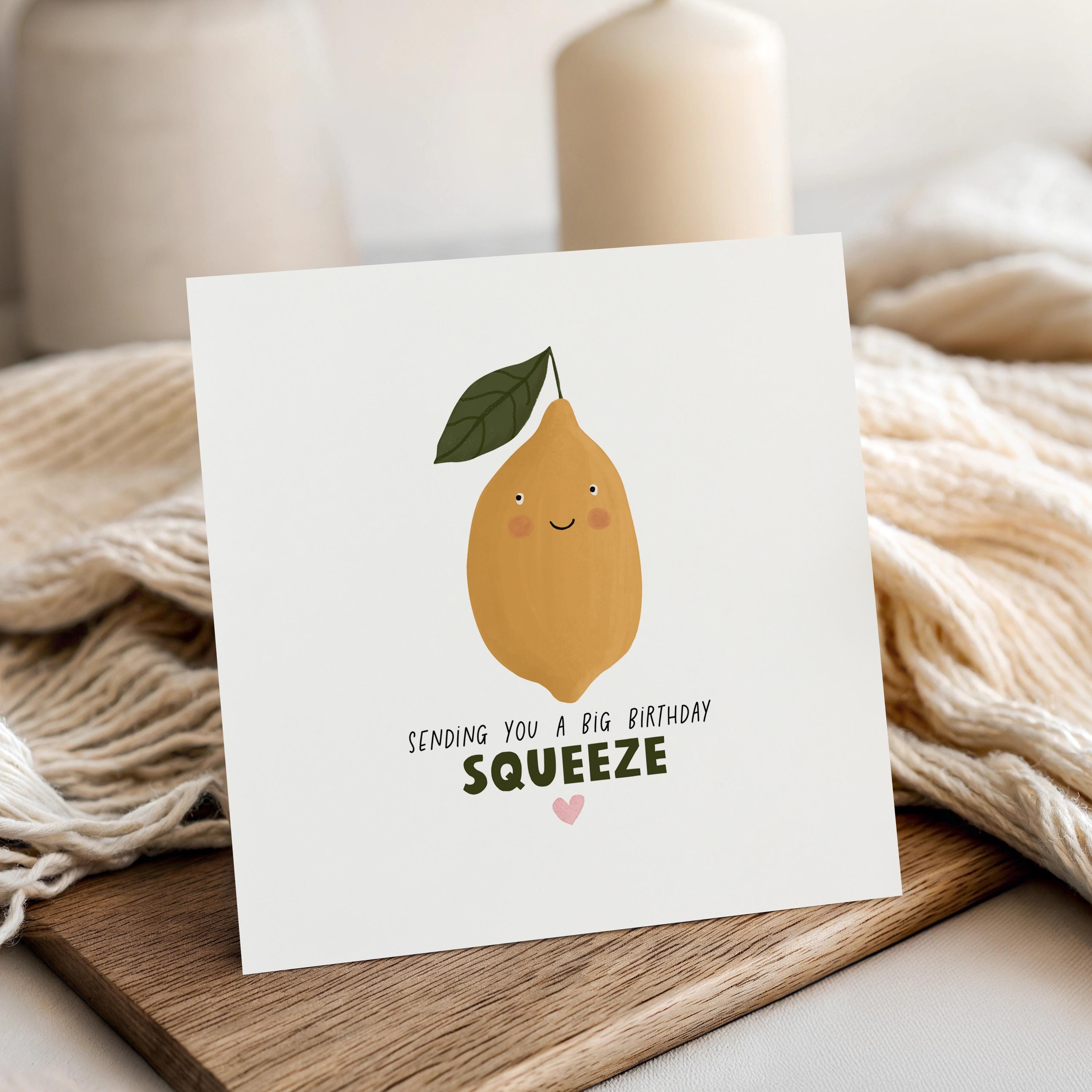 Handmade Lemon Birthday Card, Funny Greeting, Sending You A Big Squeeze, Kraft Envelope