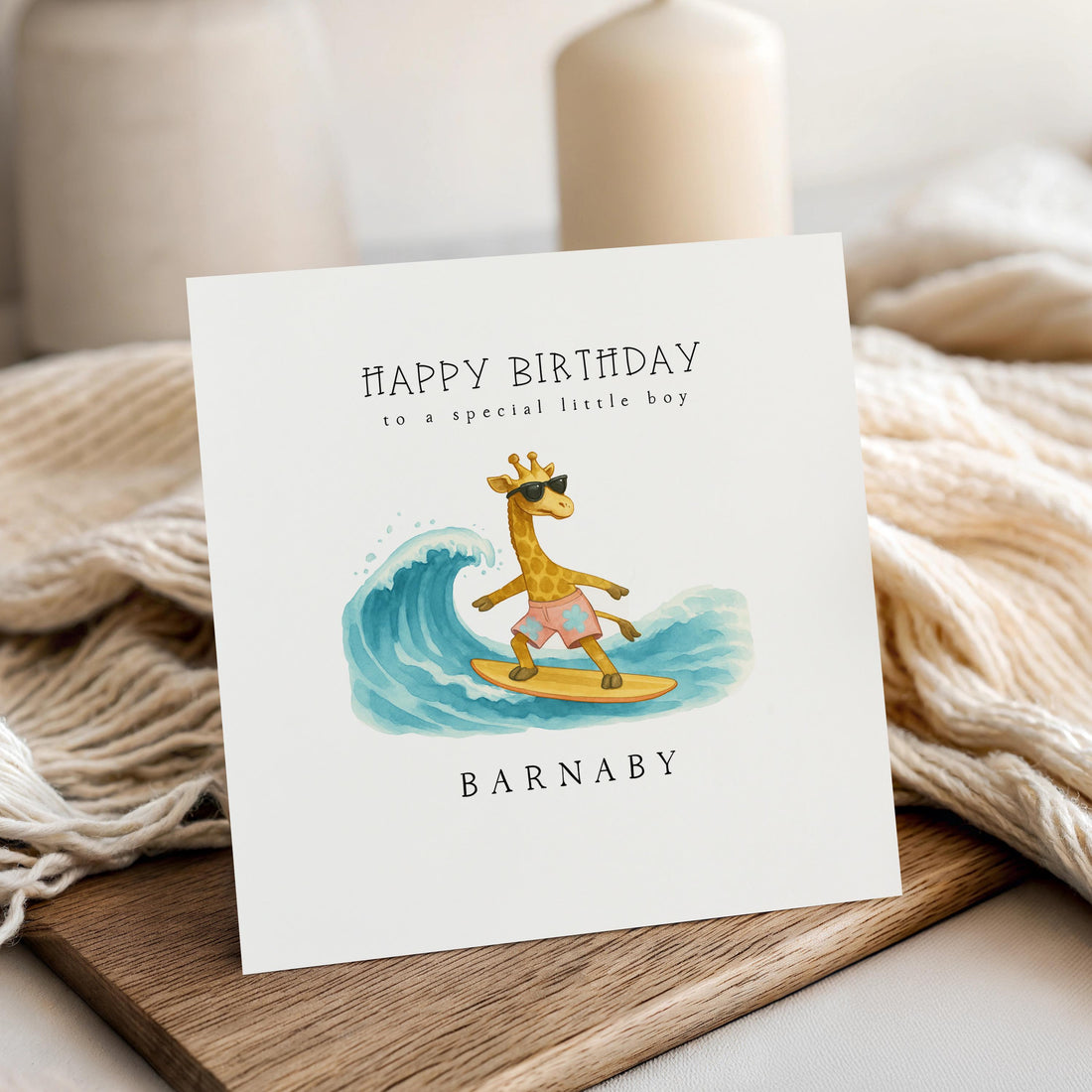 Birthday Card Personalised, Surfing Giraffe, Card For Boys, Girls, Son, Daughter Granddaughter Card , Handmade, Kraft Envelope