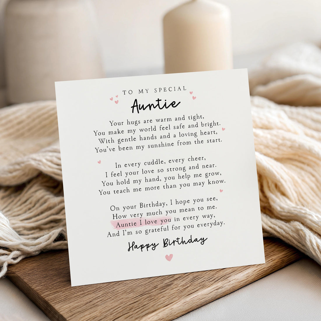Birthday Card For Auntie, From Niece and Nephew, Minimal Poem, Happy Birthday Day Card Aunt, Card For My Auntie, Birthday Gift, Pink