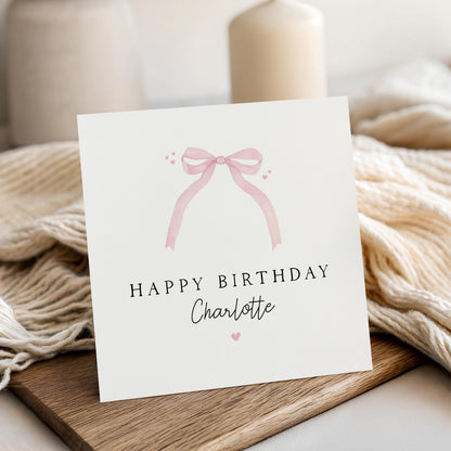 Birthday Card For Her, Personalised Pink Ribbon Bow, Birthday Card For Daughter, Friend, Niece, Mum, Granddaughter