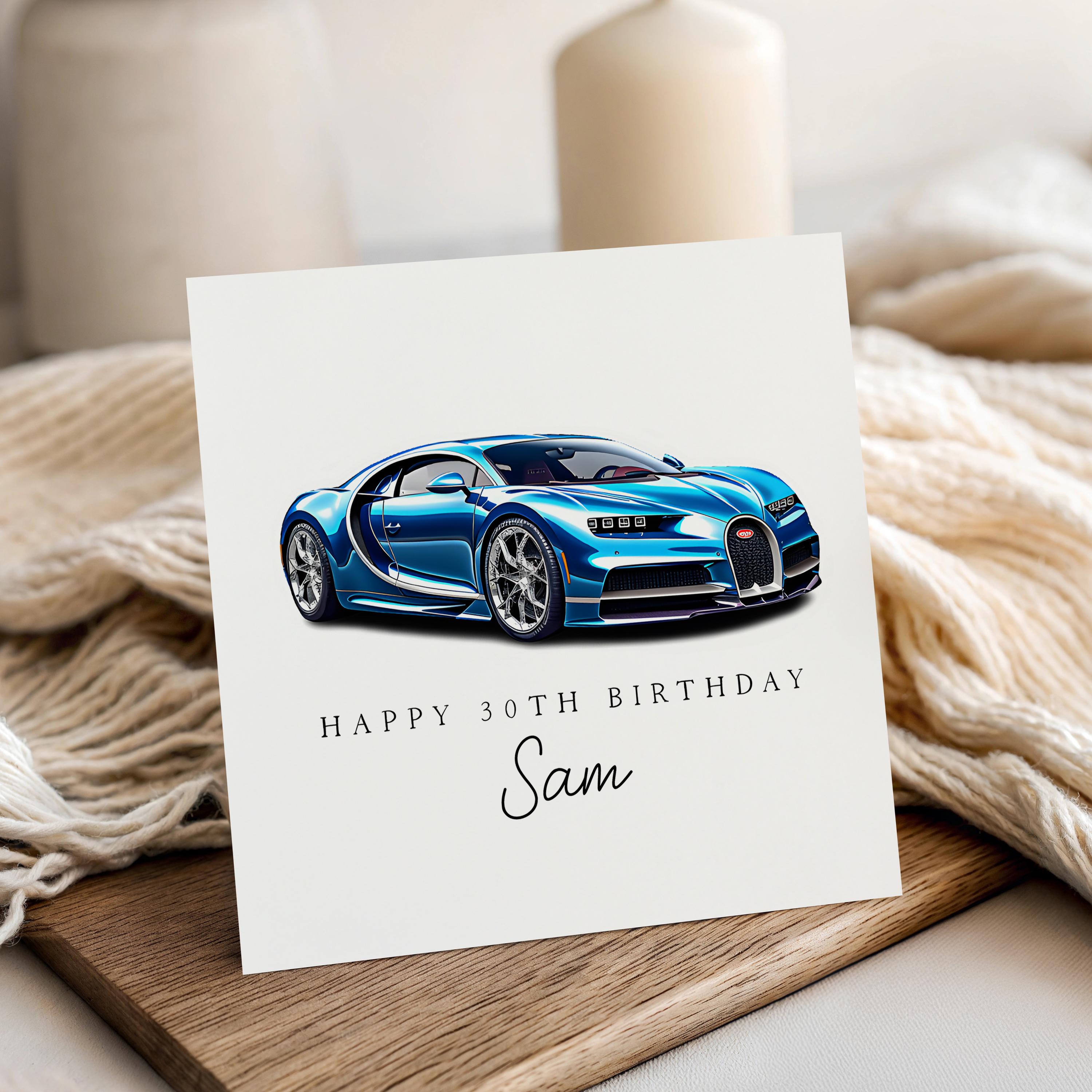 Personalised Birthday Card, Sports Car Custom Name &amp; Age Card, Birthday Card For Son, Nephew, Grandson, Blue, Kraft Envelope