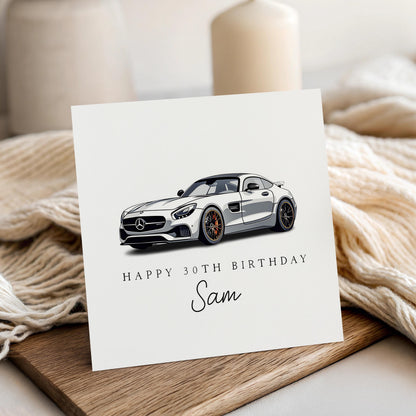 Personalised Birthday Card, Sports Car Custom Name &amp; Age Card, Birthday Card For Son, Nephew, Grandson, Silver, Kraft Envelope