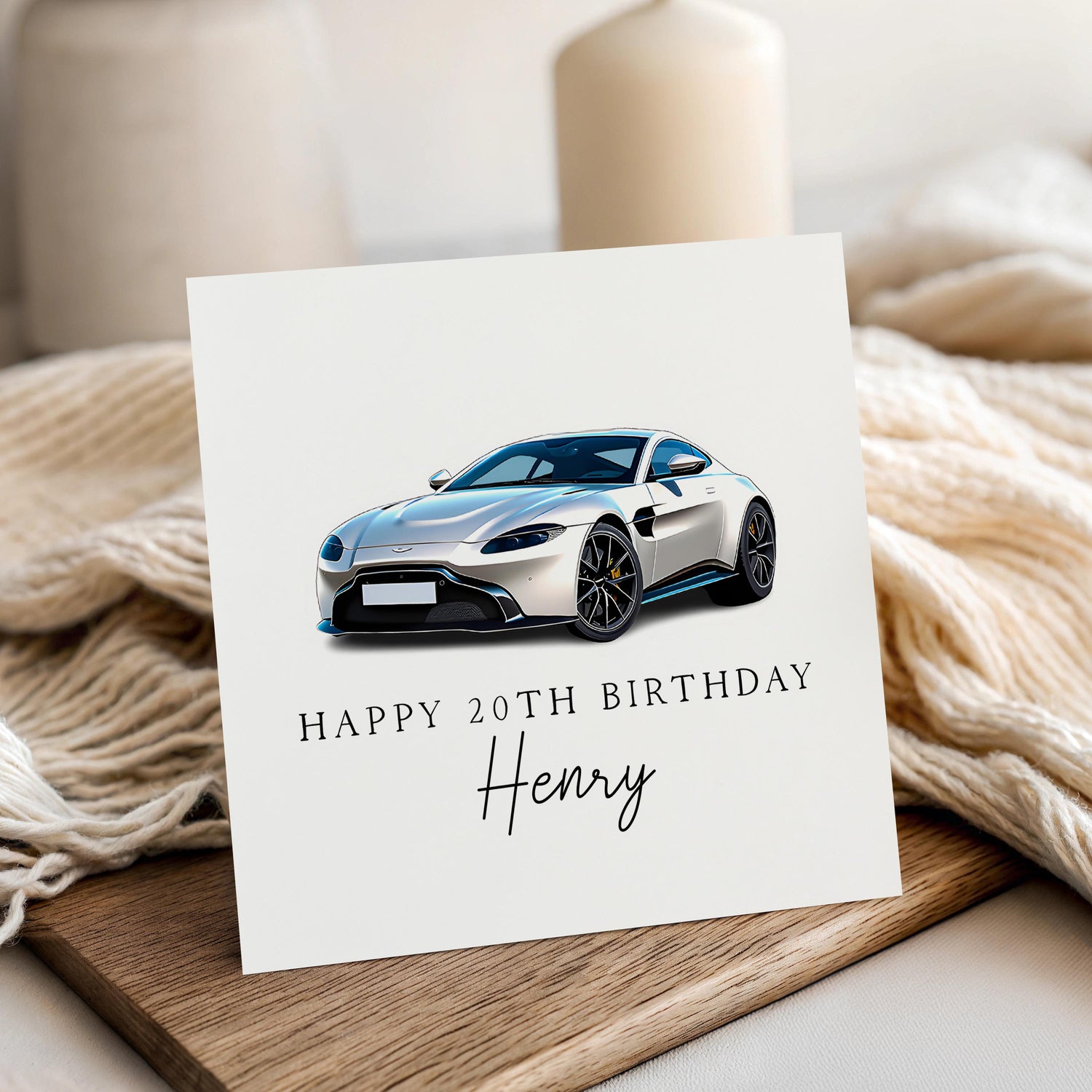 Personalised Birthday Card, Sports Car Custom Name &amp; Age Card, Birthday Card For Son, Nephew, Grandson, Silver, Kraft Envelope Style 2