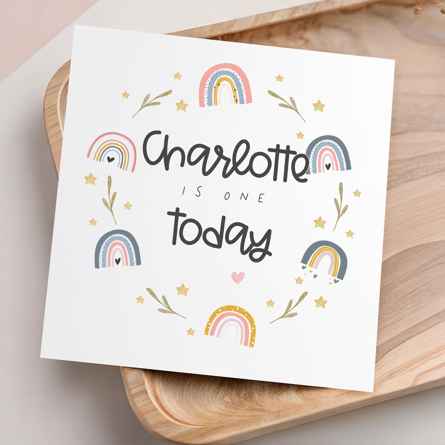 Personalised 1st Birthday Card, Rainbow Design, Kraft Envelope