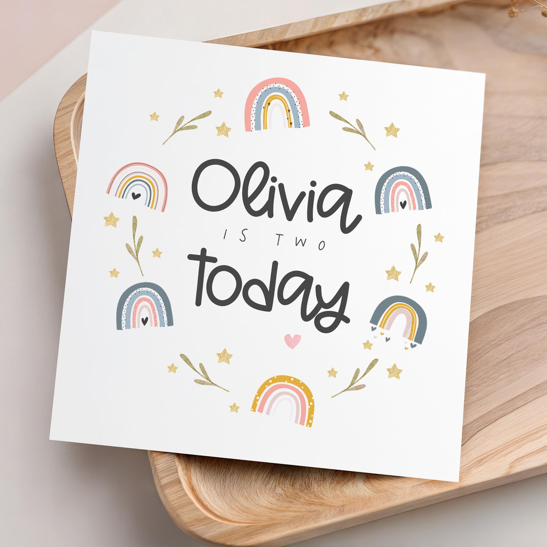 Personalised 2nd Birthday Card, Rainbow Design, Kraft Envelope