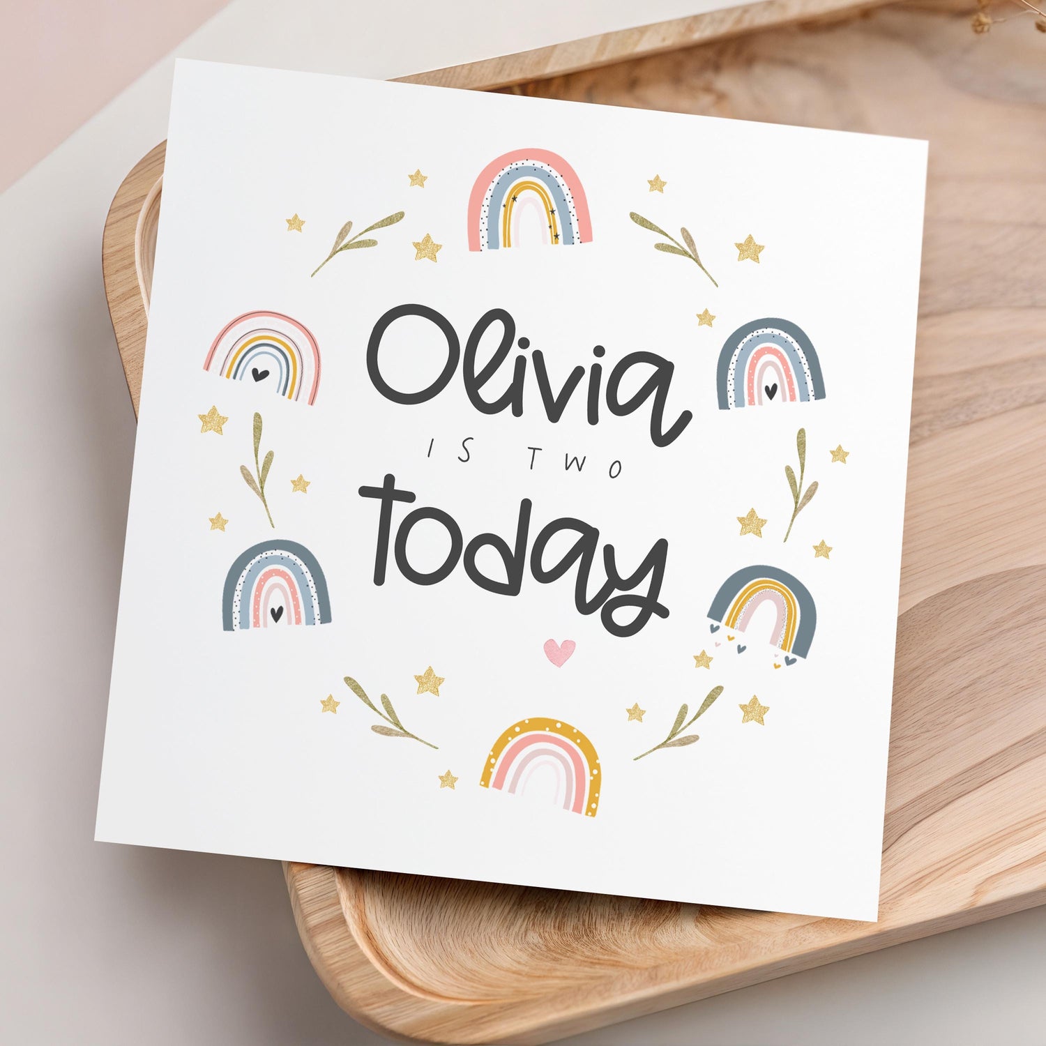 Personalised 2nd Birthday Card, Rainbow Design, Kraft Envelope