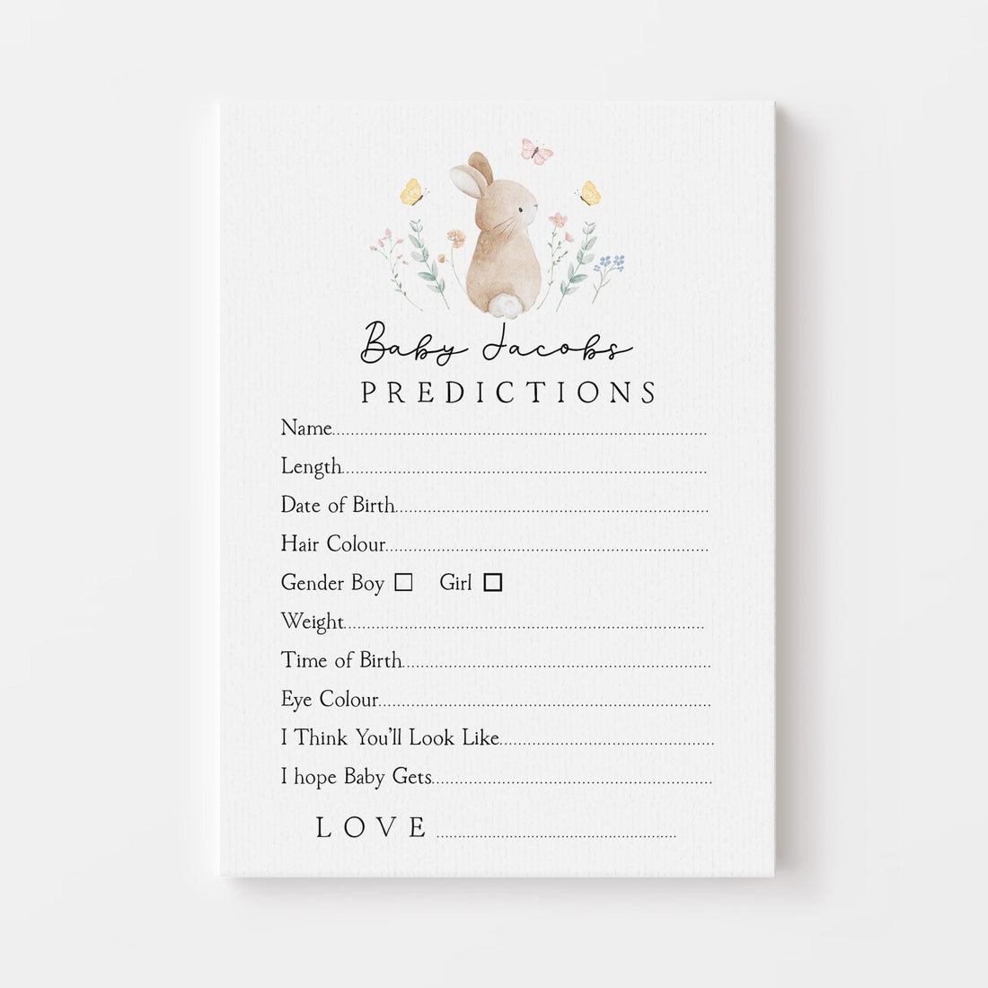 Personalised Baby Shower Prediction Cards- Cute Bunny Theme- New Mum To Be-/Keepsake-Custom Baby Shower Cards-Baby Shower Games