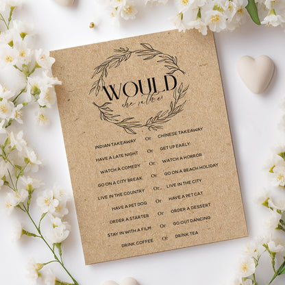 Would She rather Cards-Baby Shower Games- Boho Botanical Kraft-New Mum To Be- Gender Reveal Party- Keepsake