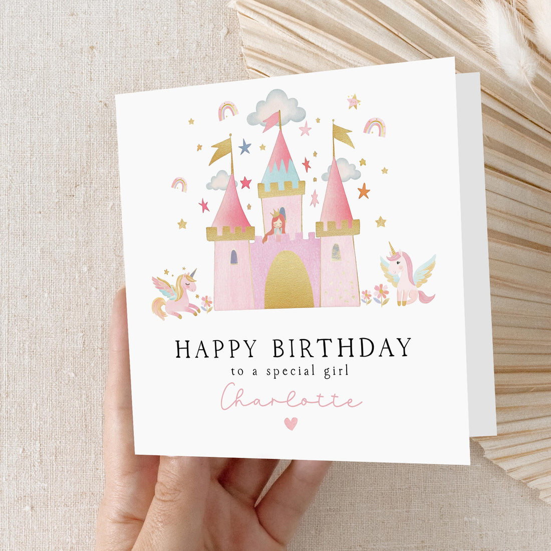 Personalised Princess Unicorn Birthday Card, Girls Birthday Card, Pink Princess Castle Birthday, Card For Granddaughter, Daughter, Niece