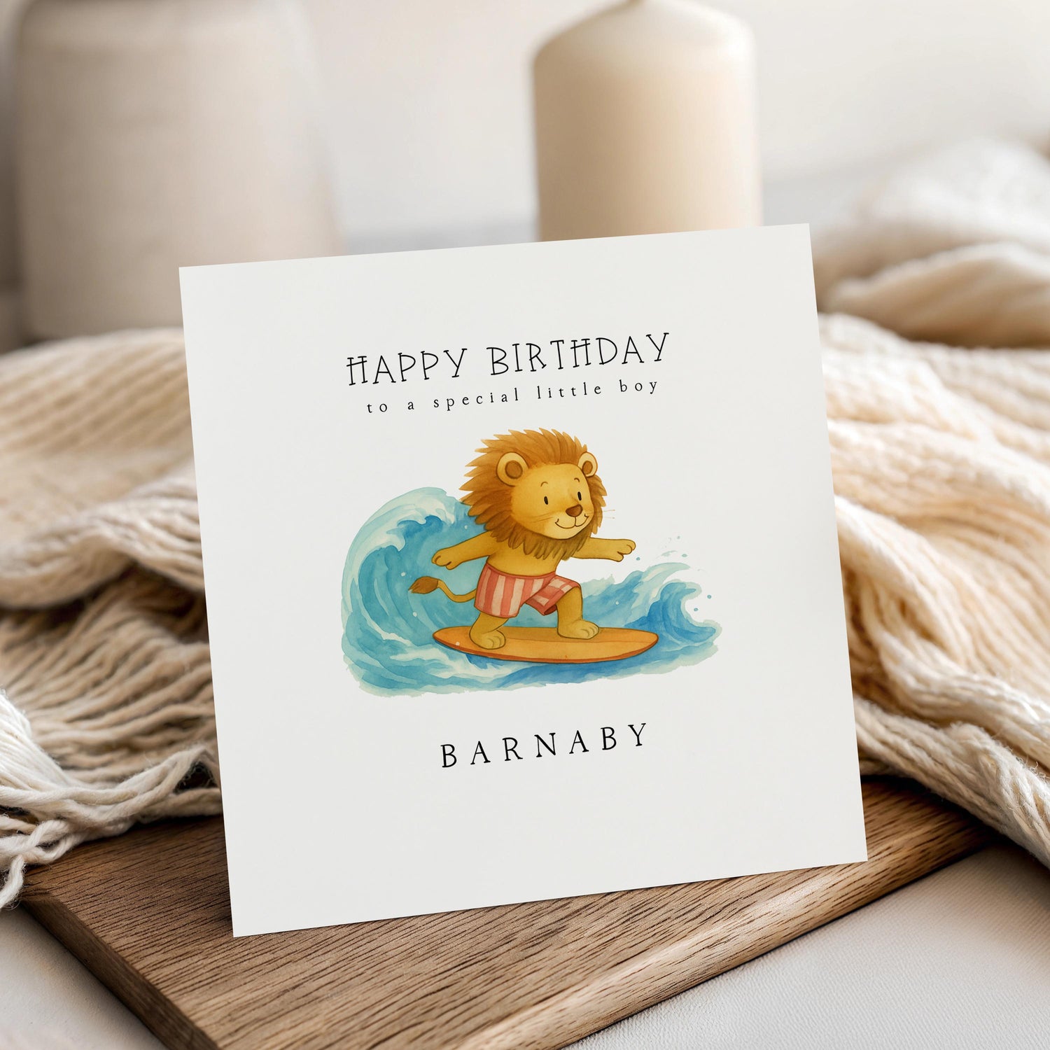 Birthday Card Personalised, Surfing Lion, Card For Boys, Girls, Son, Daughter Granddaughter Card , Handmade, Kraft Envelope