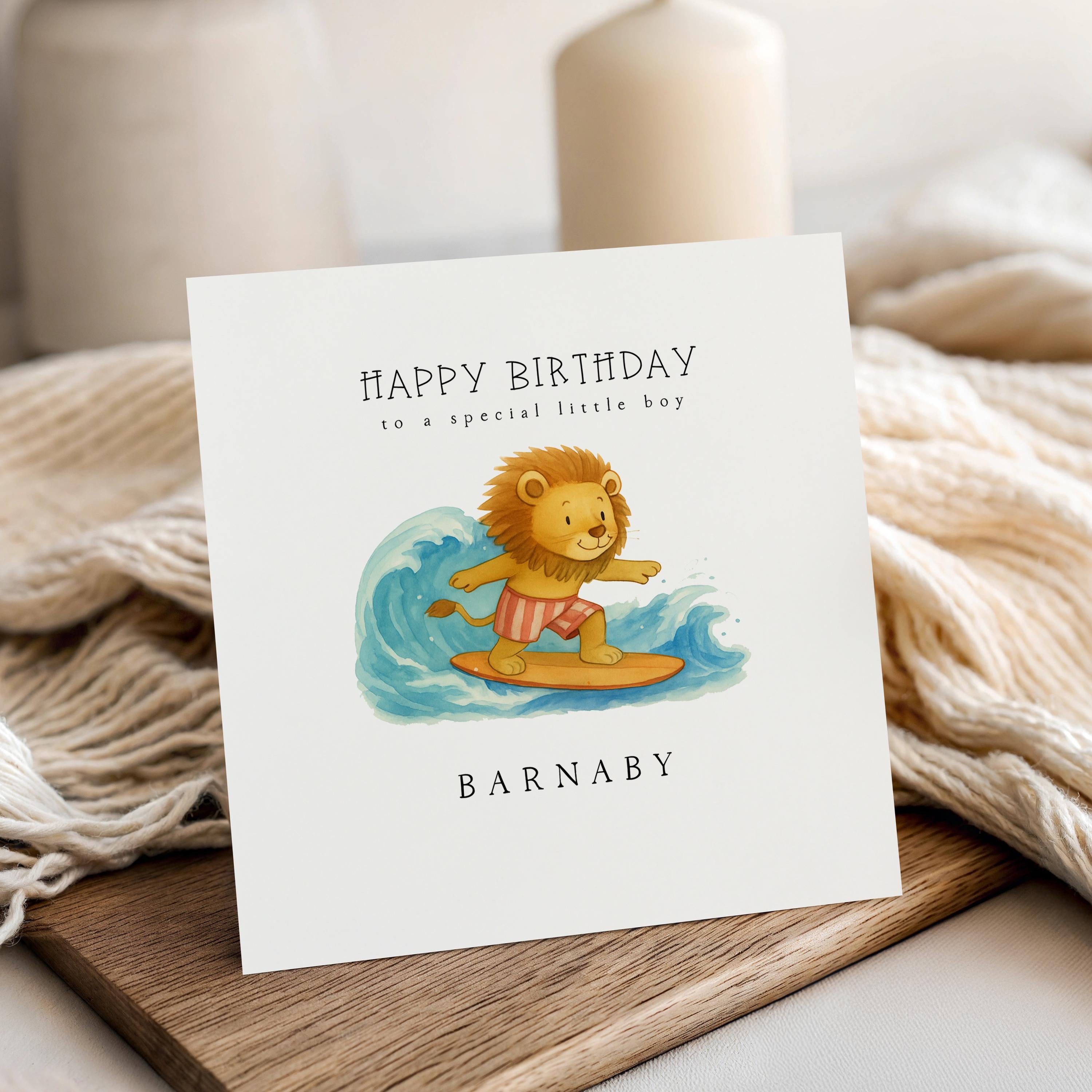 Birthday Card Personalised, Surfing Lion, Card For Boys, Girls, Son, Daughter Granddaughter Card , Handmade, Kraft Envelope
