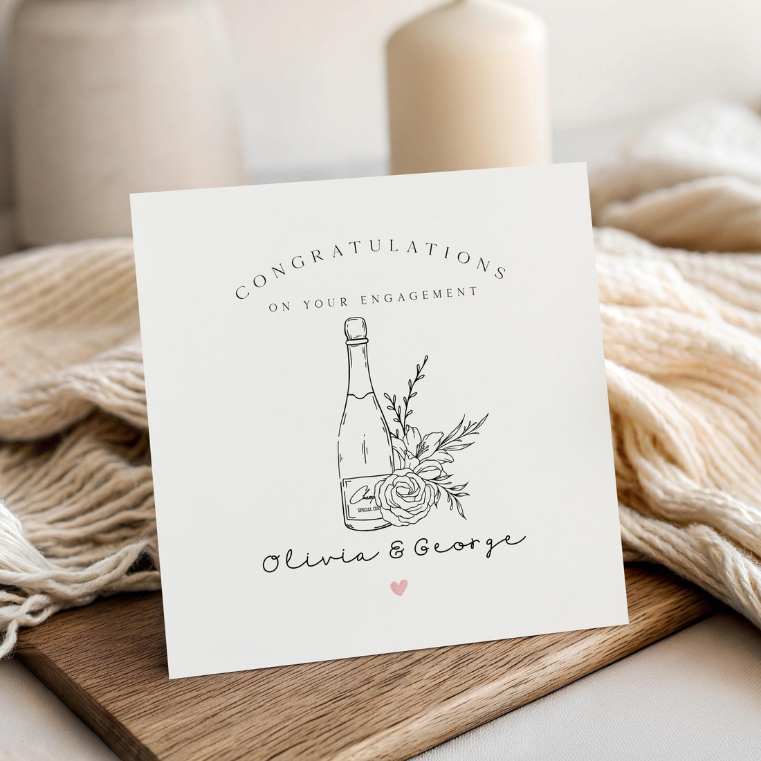 Personalised Engagement Card For Couple, Congratulations Card, Champagne Bottle, Minimal, Custom Names, Engagement Gift