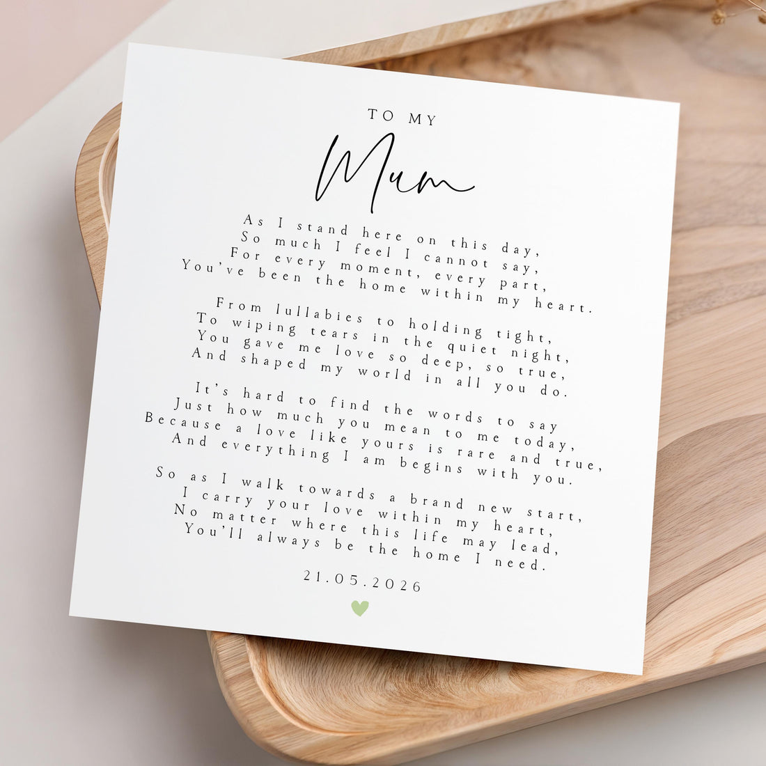 Mum Wedding Day Poem Card- Mother Of Bride- On My wedding Day Card- Card For Mum- Wedding Day Gift-Personalised Wedding Date-Green Heart