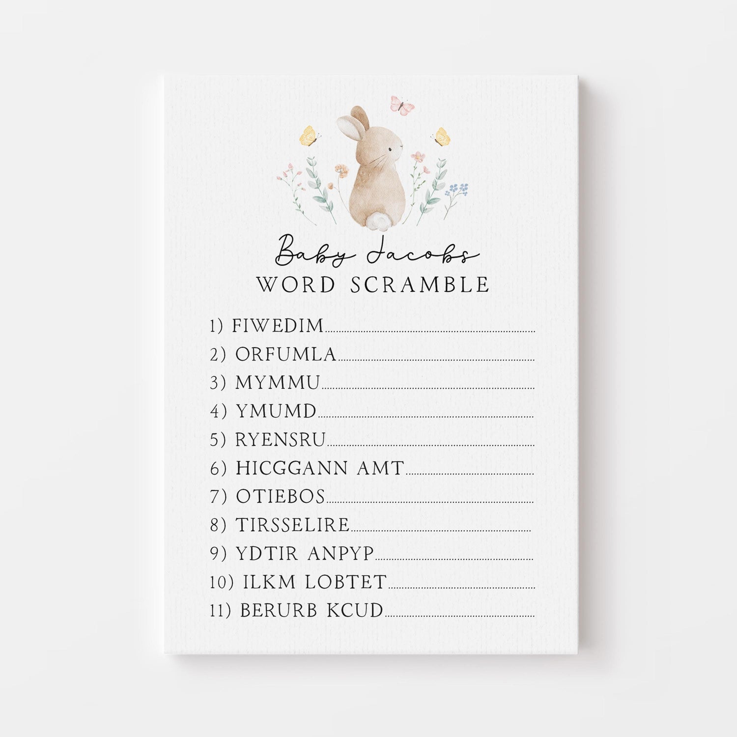 Personalised Baby Scramble Cards- Cute Bunny Theme- New Mum To Be-/Keepsake-Custom Baby Shower Cards-Baby Shower Games