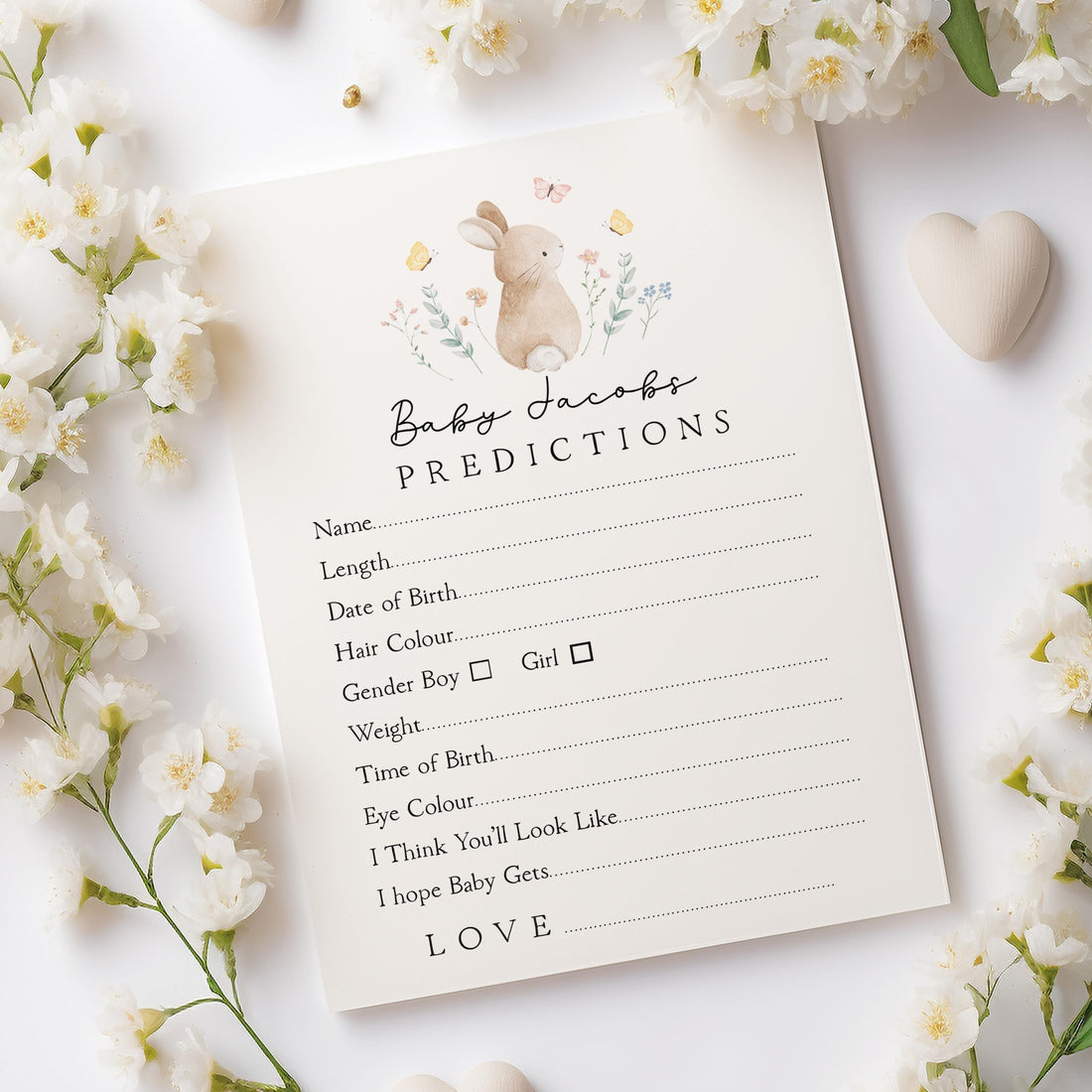 Personalised Baby Shower Prediction Cards- Cute Bunny Theme- New Mum To Be-/Keepsake-Custom Baby Shower Cards-Baby Shower Games