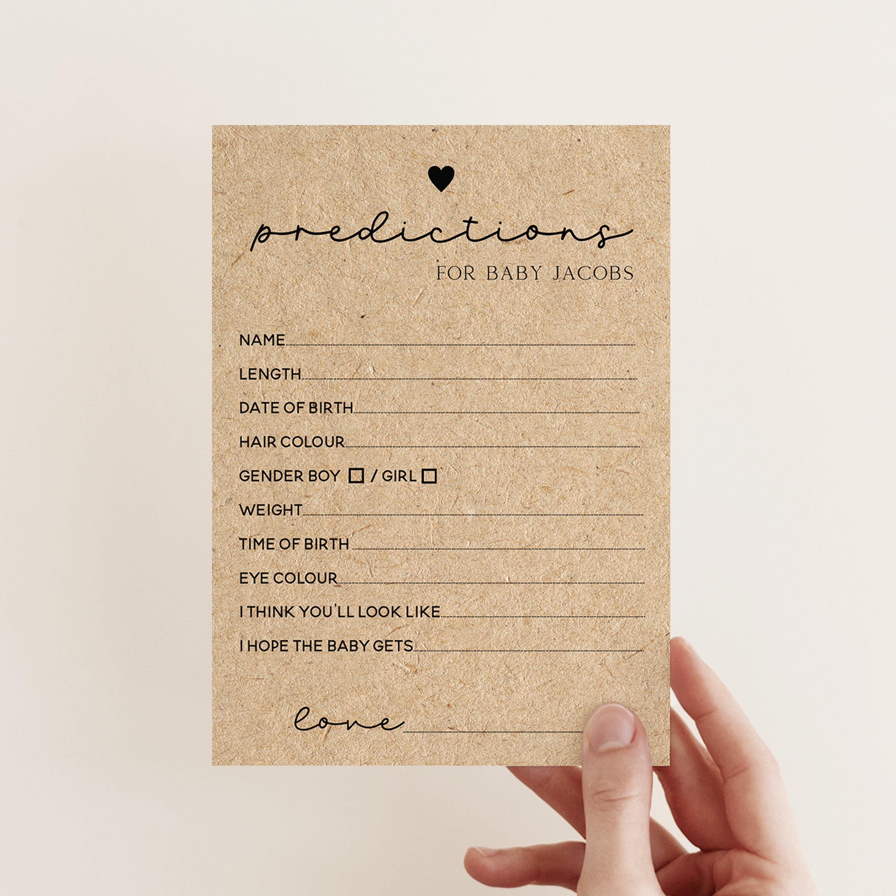 Personalised Minimalist Kraft Baby Predictions Game