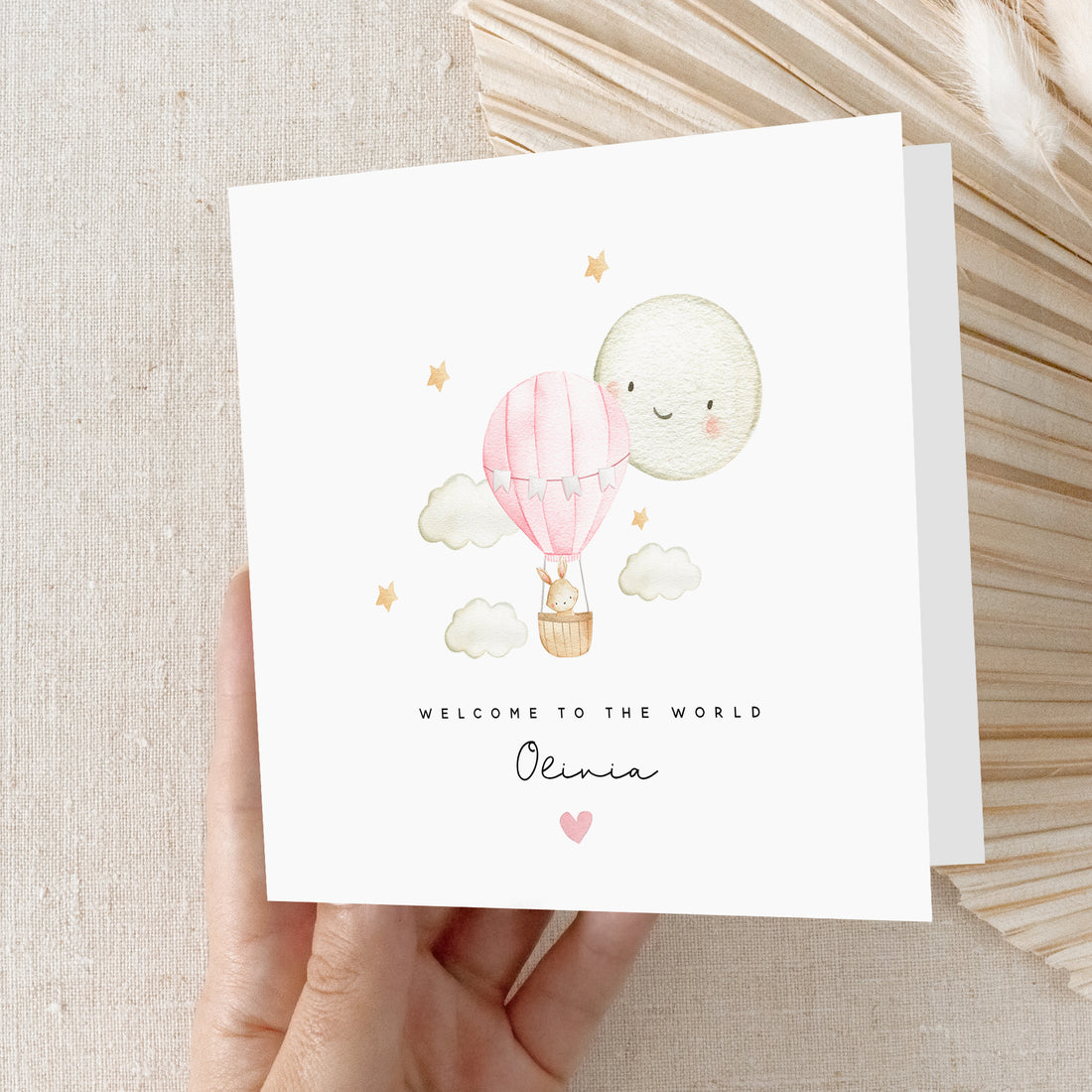 Personalised Welcome To The World Pink Air balloon Newborn Baby Card