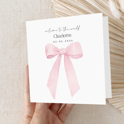 Personalised  Welcome To The World Card pink ribbon Newborn Baby Card