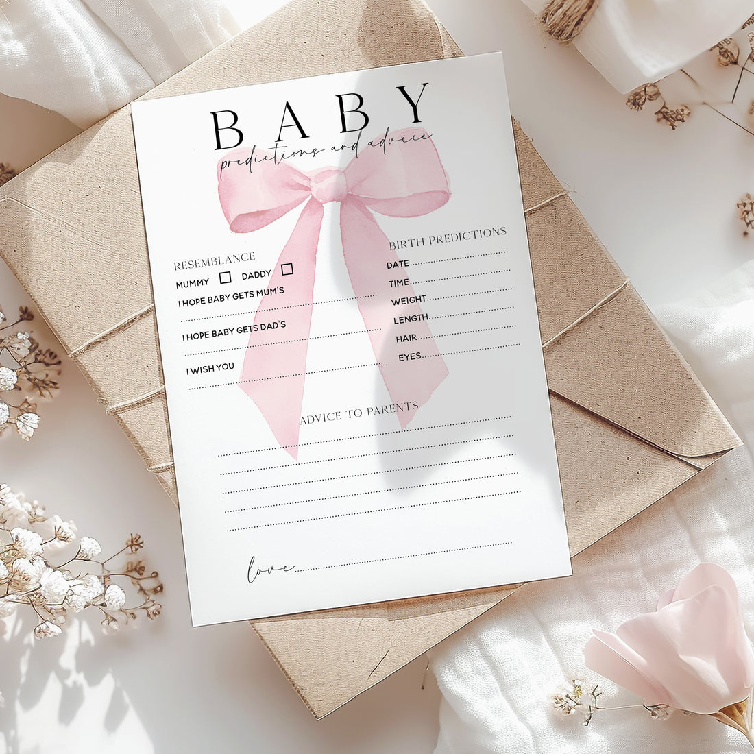 Pink Bow / Coquette Design Baby Shower Baby Birth Prediction &amp; Advice Cards A5