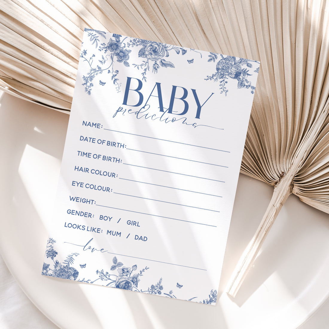 Boho Botanical Blue Porcelain Baby Prediction Cards
