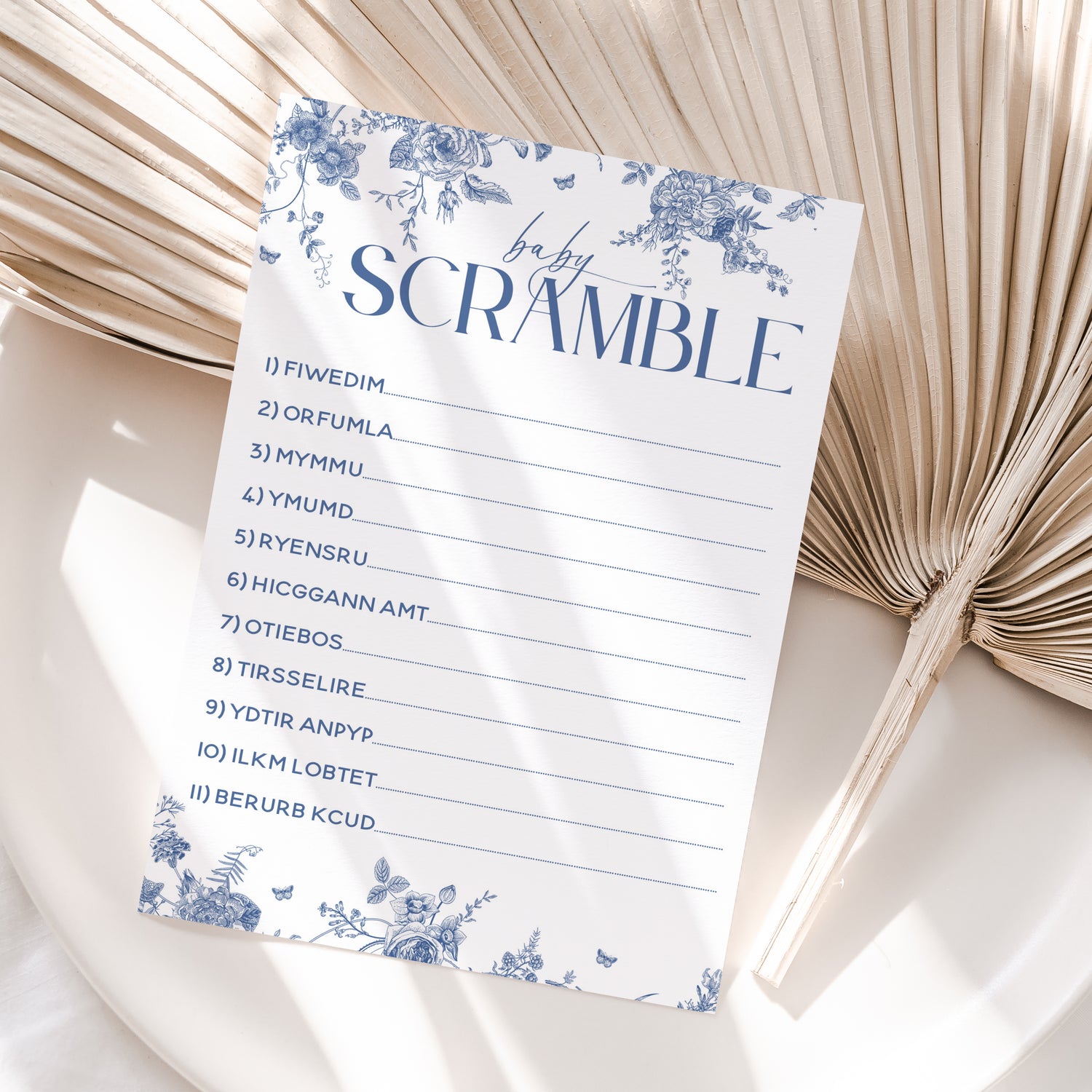 Boho Botanical Blue Porcelain Baby Word Scramble Cards