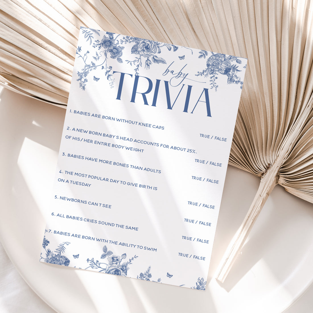 Boho Botanical Blue Porcelain Baby Trivia Game Cards