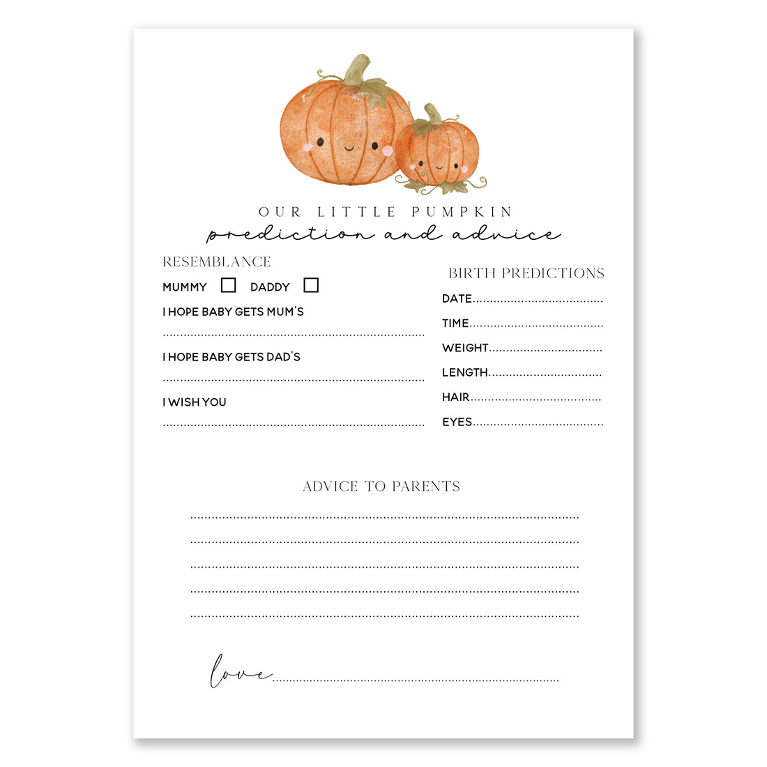 Halloween Little Pumpkin Design Baby Shower Baby Birth Prediction &amp; Advice Cards A5