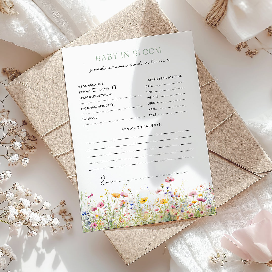 Wildflower Meadow Design Baby Shower Baby Birth Prediction &amp; Advice Cards A5