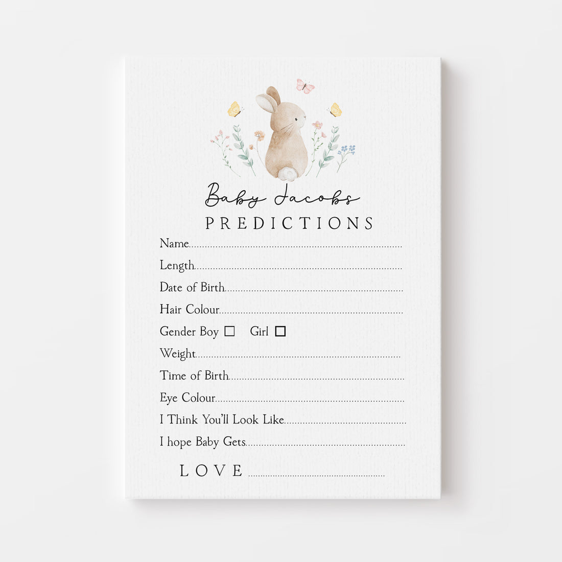 Cute Bunny Rabbit Baby Predictions Personalised Card A6