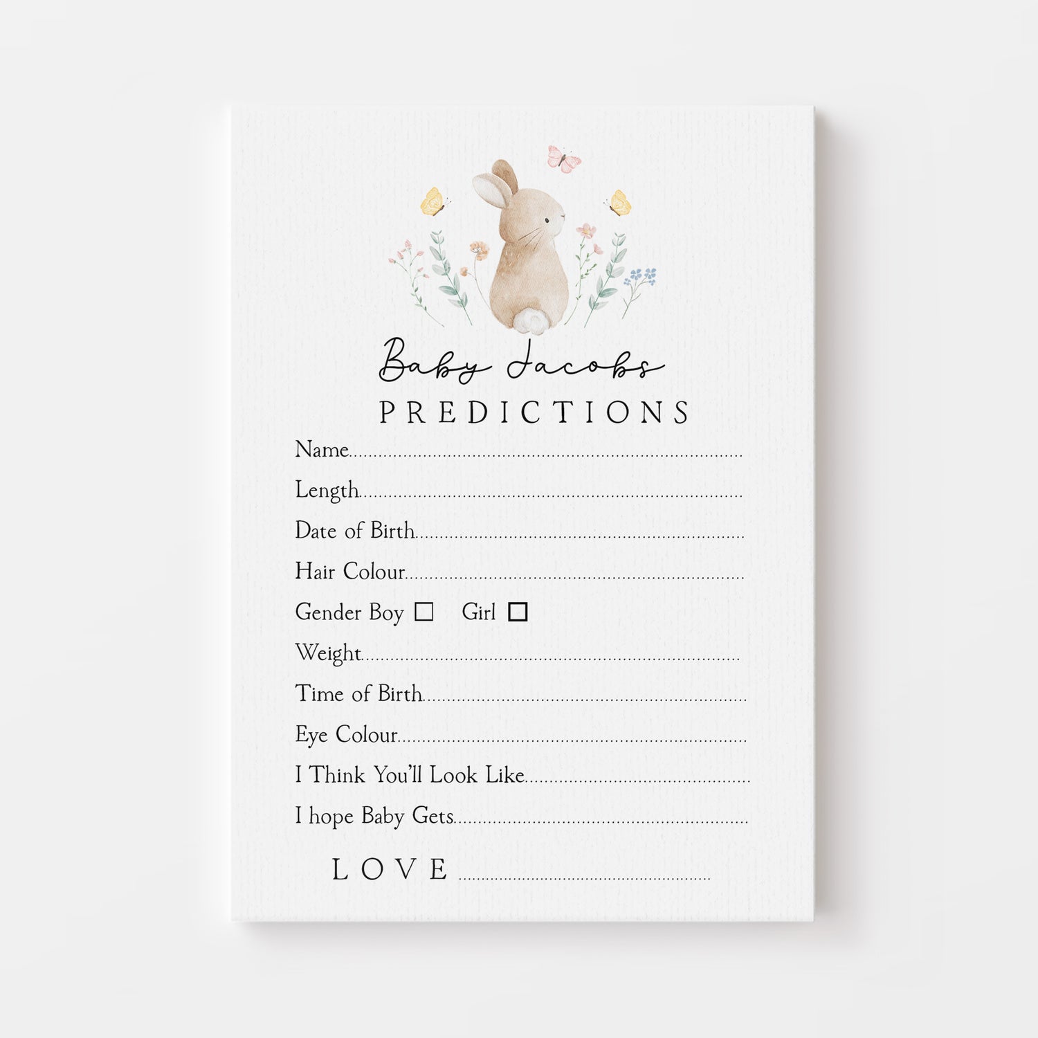 Cute Bunny Rabbit Baby Predictions Personalised Card A6