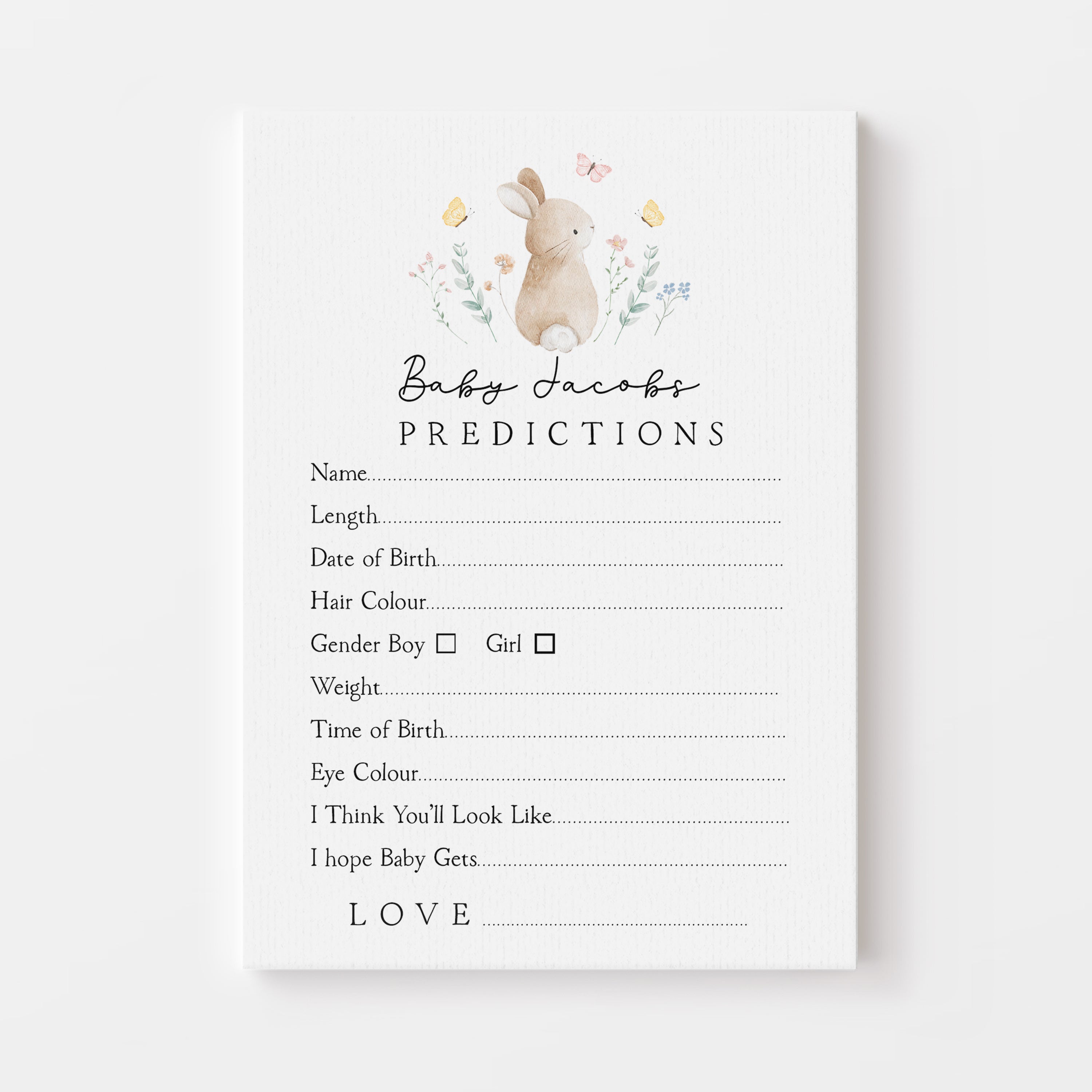 Cute Bunny Rabbit Baby Predictions Personalised Card A6