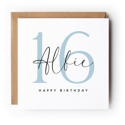 Blue Minimal Script Any Age Birthday Card