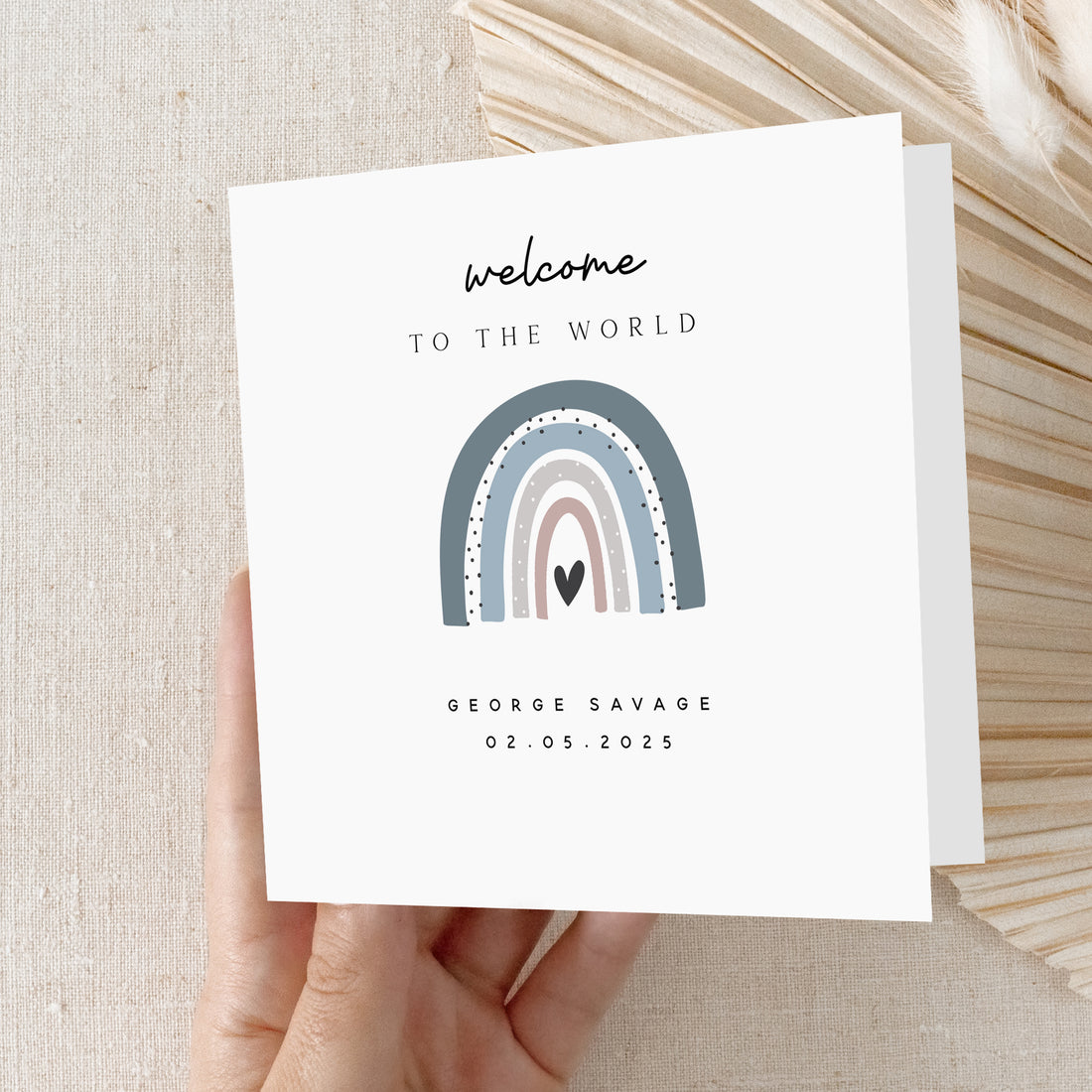 Personalised Welcome To The World Card Blue Boho Rainbow Newborn Baby Card