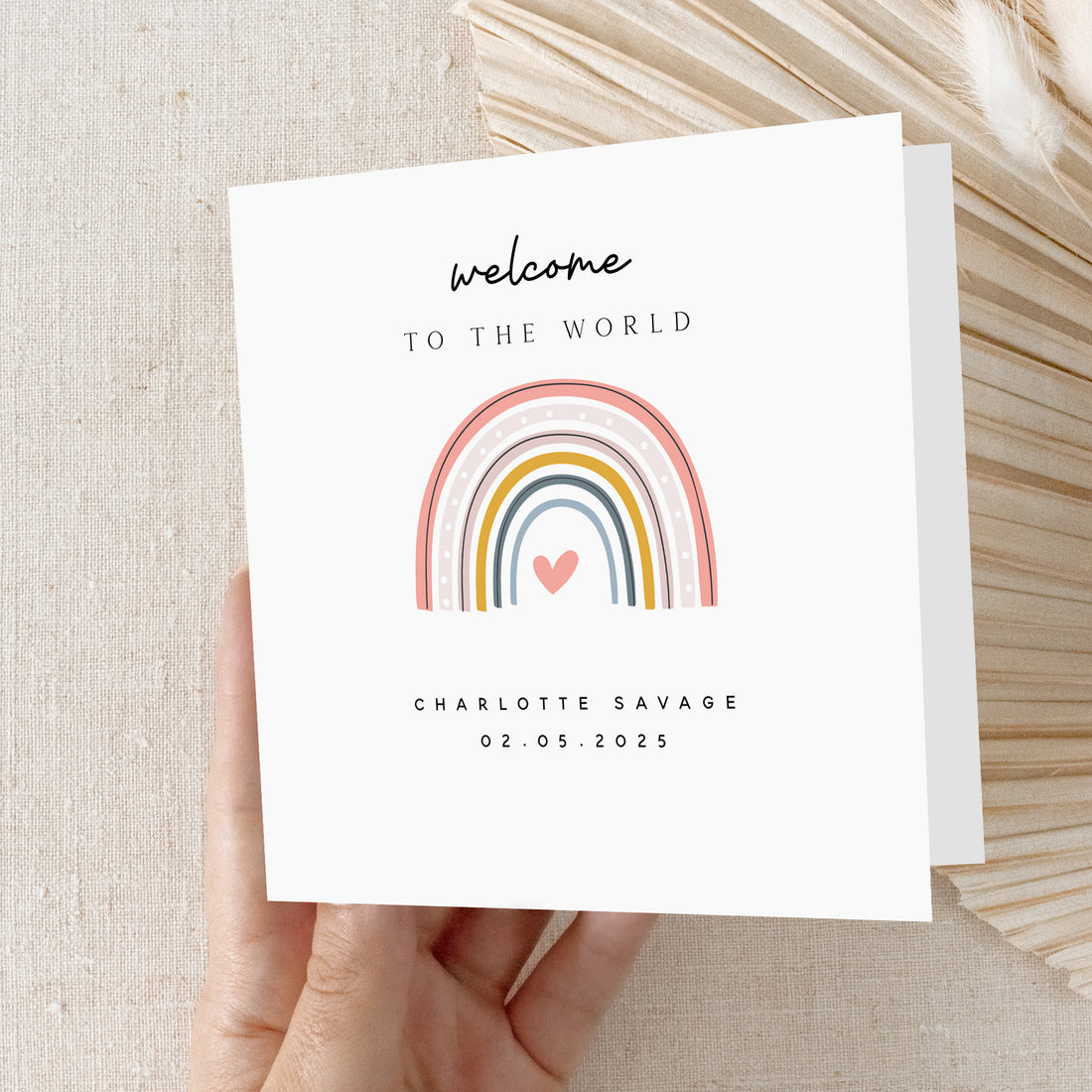 Personalised Welcome To The World Card Pink Boho Rainbow Newborn Baby Card