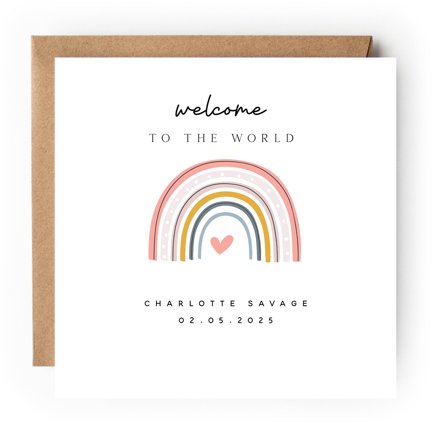 Personalised  Welcome To The World Card Pink Boho Rainbow Newborn Baby Card