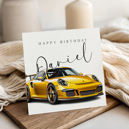 Yellow Sports Car Birthday Card Personalised
