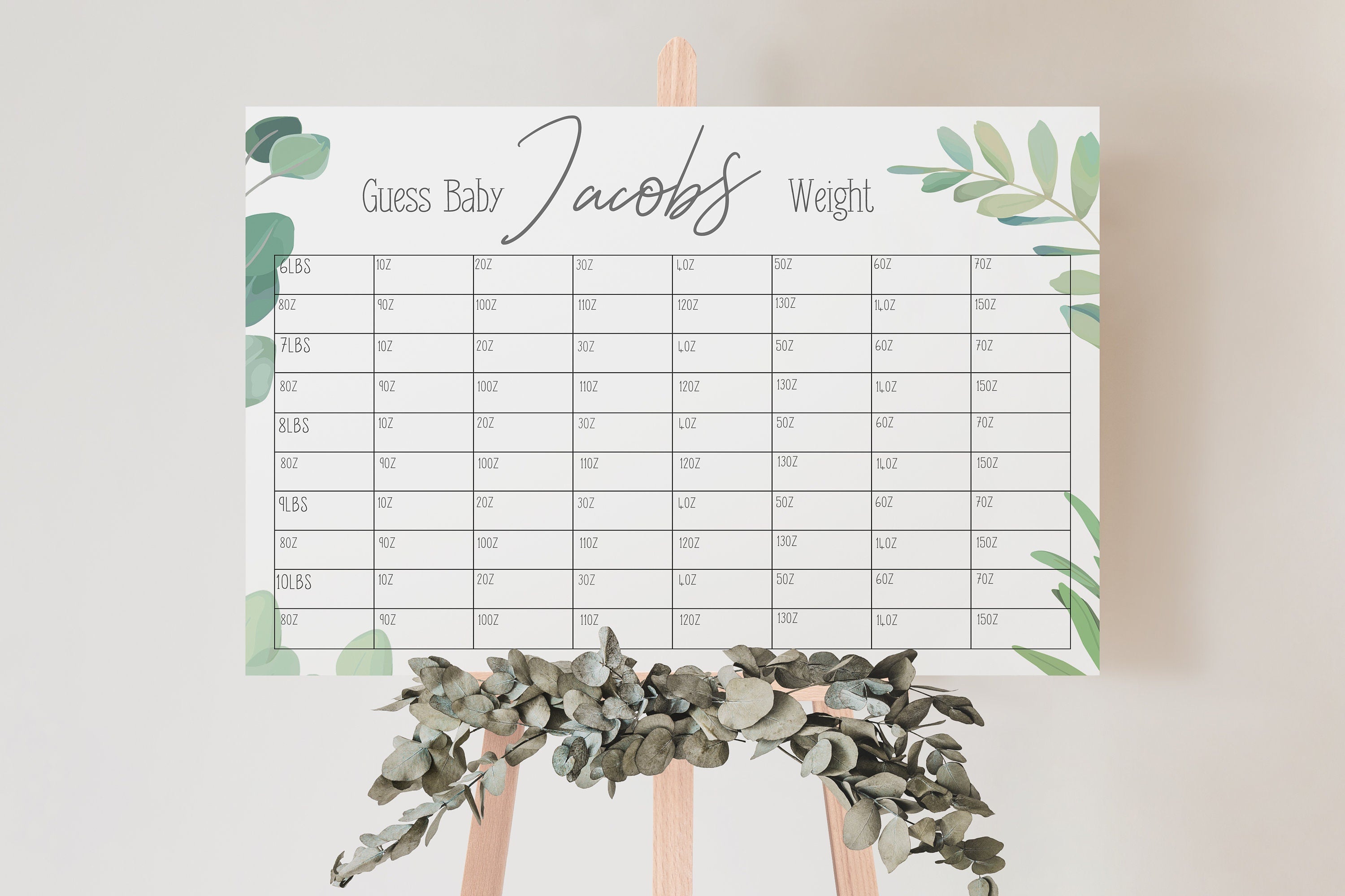 Botanical Green Guess The Baby Birth Weight Prediction A3 Poster Personalised