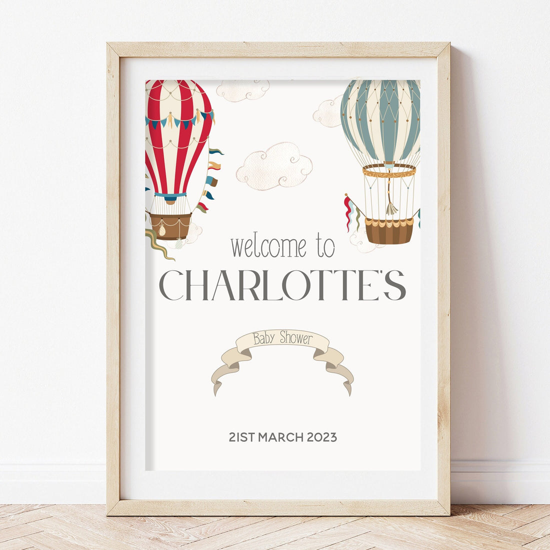 Whimsical Hot Air Balloon Personalised Welcome Sign For Baby Shower