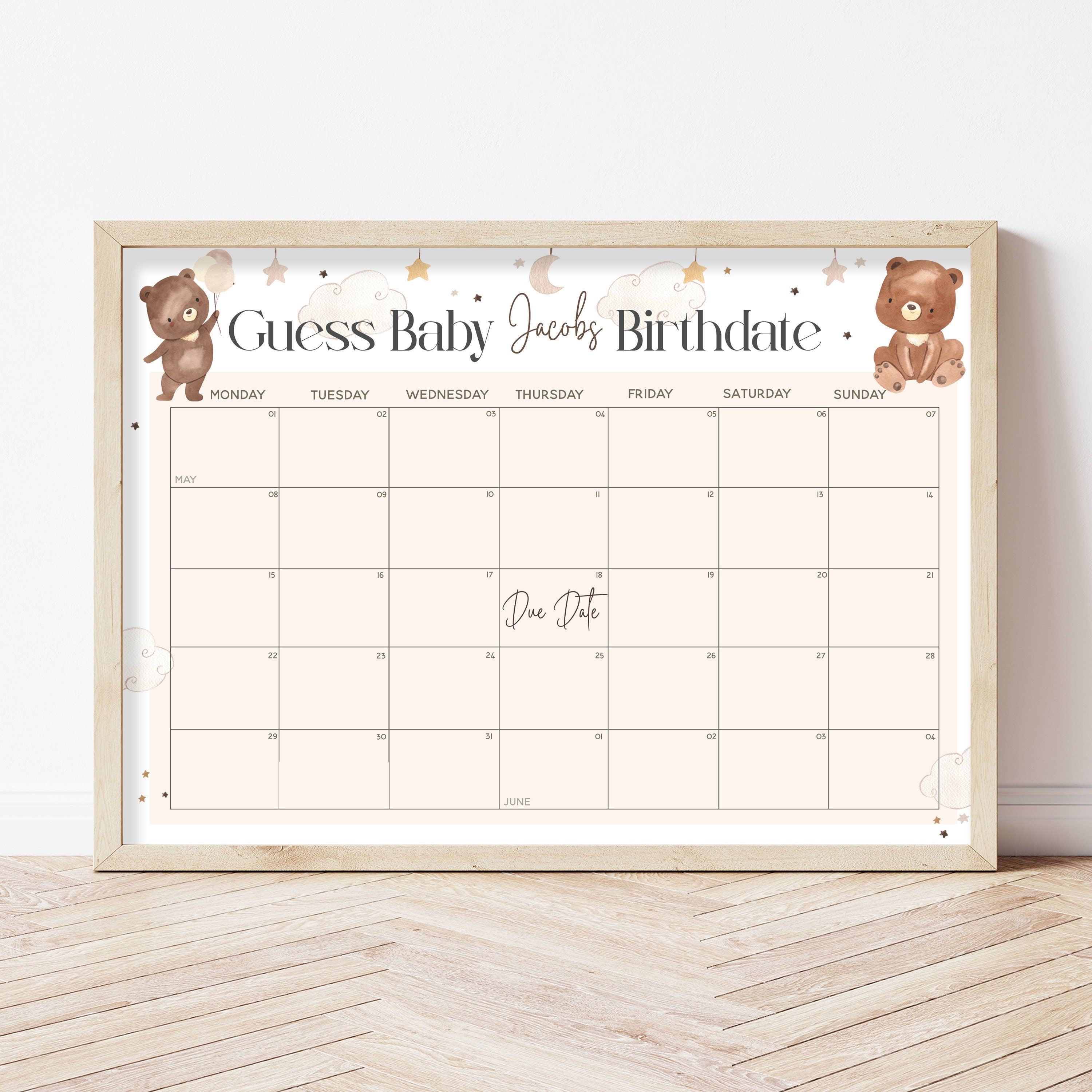 Teddy Bear Personalised Baby Birth Date Prediction Print